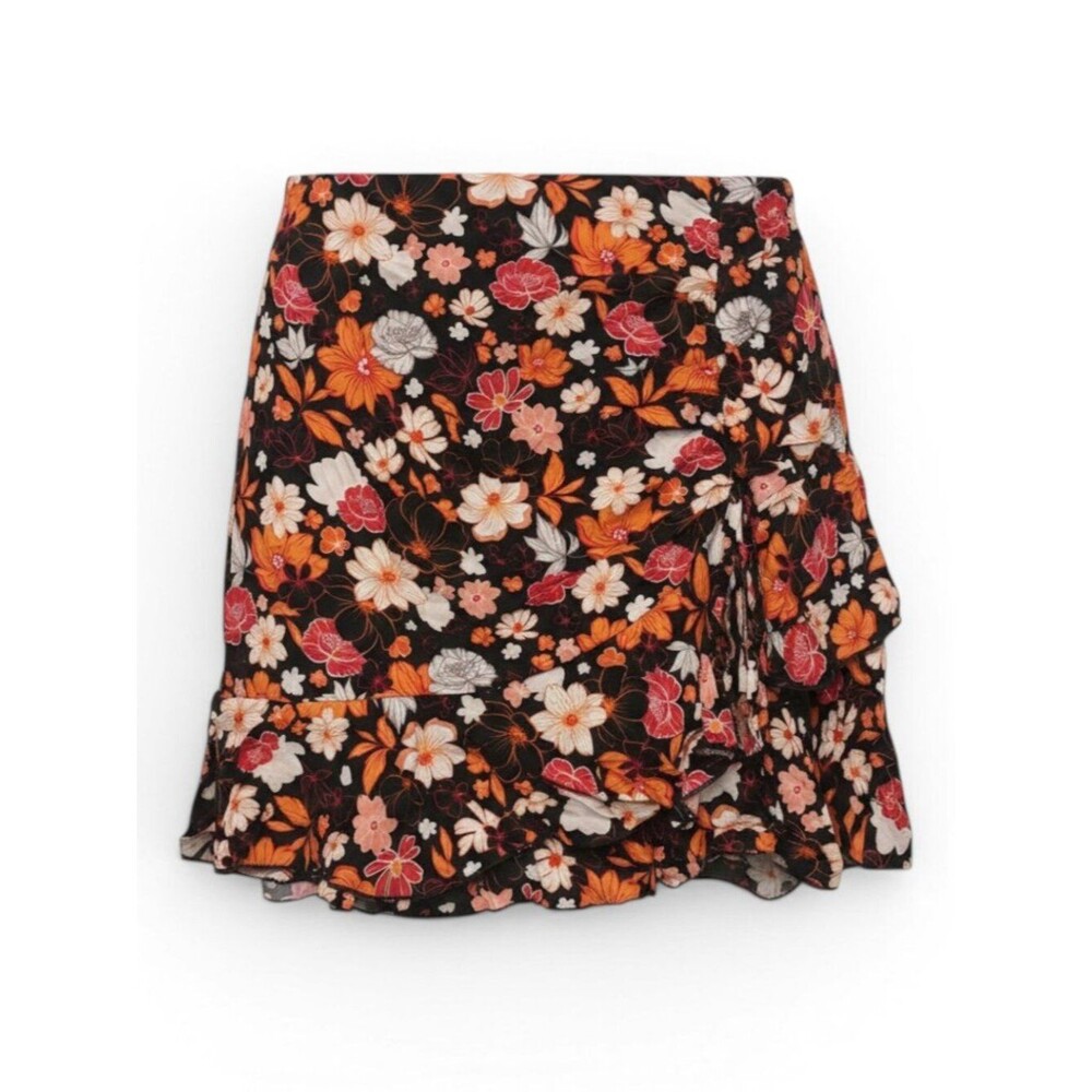 Cupshe Black Floral Ruffle Mini Skirt with Orange & Pink Blooms